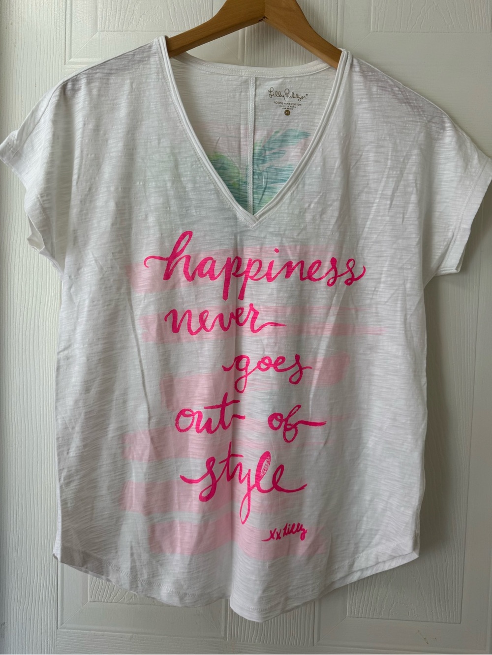 Lilly Pulitzer White V-Neck Tee with Pink Script